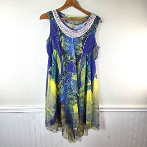 One World Women's Peacock Colorful Sleeveless Dress with Beaded Neckline Sz XL
